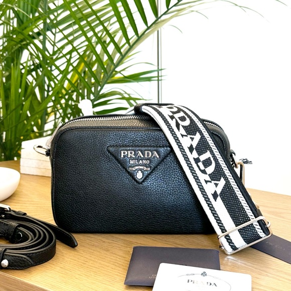 PRADA Logo-Plaque Small Leather Crossbody Bag in Black - Picture 1 of 16